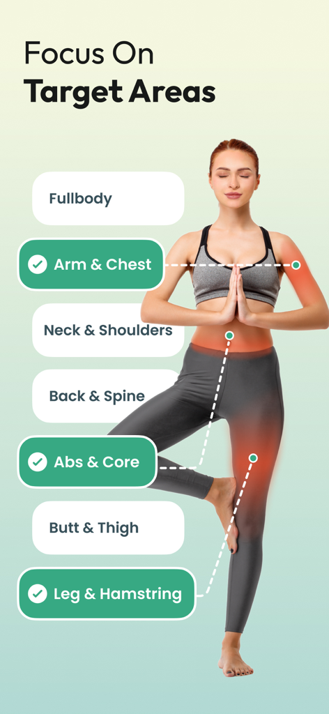 A woman in a yoga tree pose with labels highlighting targeted workout areas like core arms and legs
