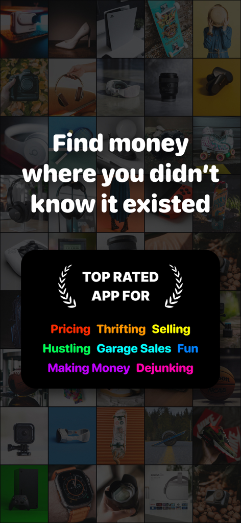 Hero: Sell, Price & List Fast - Hero reselling app promotional image showing top rated features for thrifting and making money from unused items