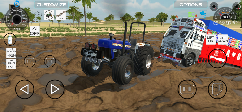 Tractor azul tirando de un camión a través del barro en Indian Vehicle Simulator 3D.