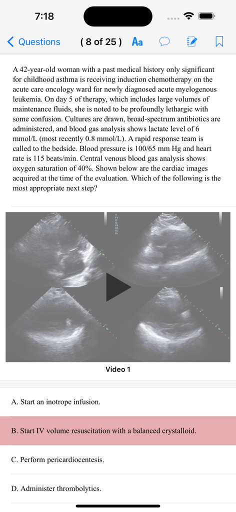 Learn ICU - A medical board exam practice question in the Learn ICU app showing a clinical case and echocardiogram images.