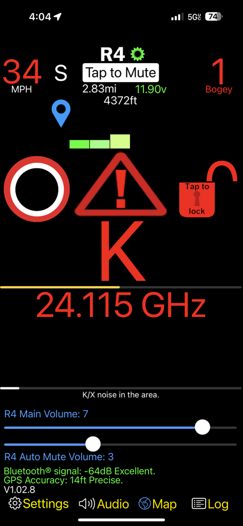 R4 Companion app HUD showing a K band radar alert at 24.115 GHz with speed and signal strength data