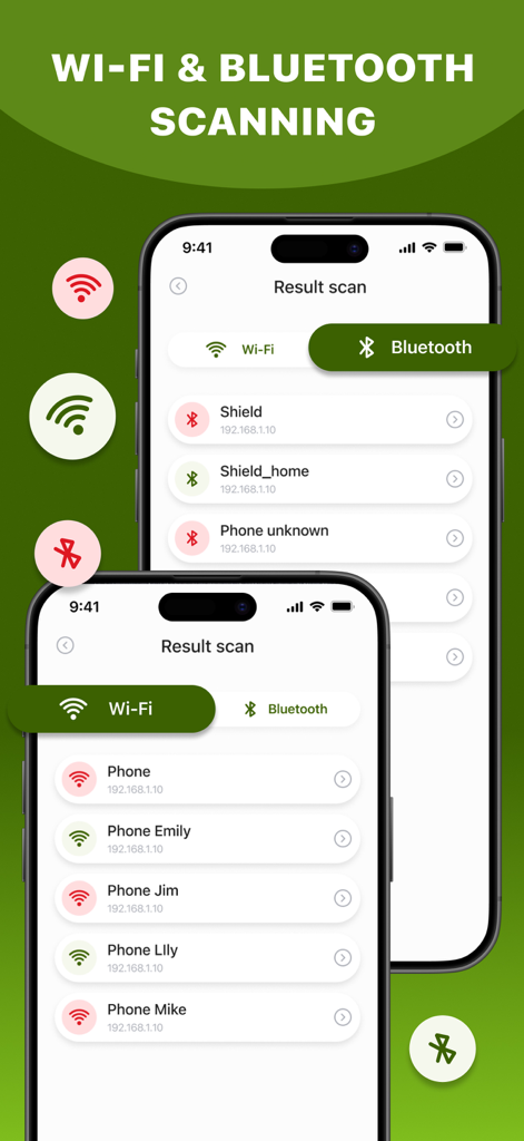 Mobile app interface displaying Wi-Fi and Bluetooth device scan results for privacy protection