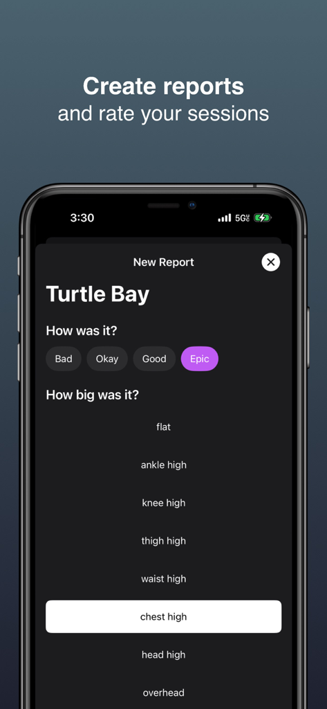 Interface for creating a new surf report and rating waves in the Waver app