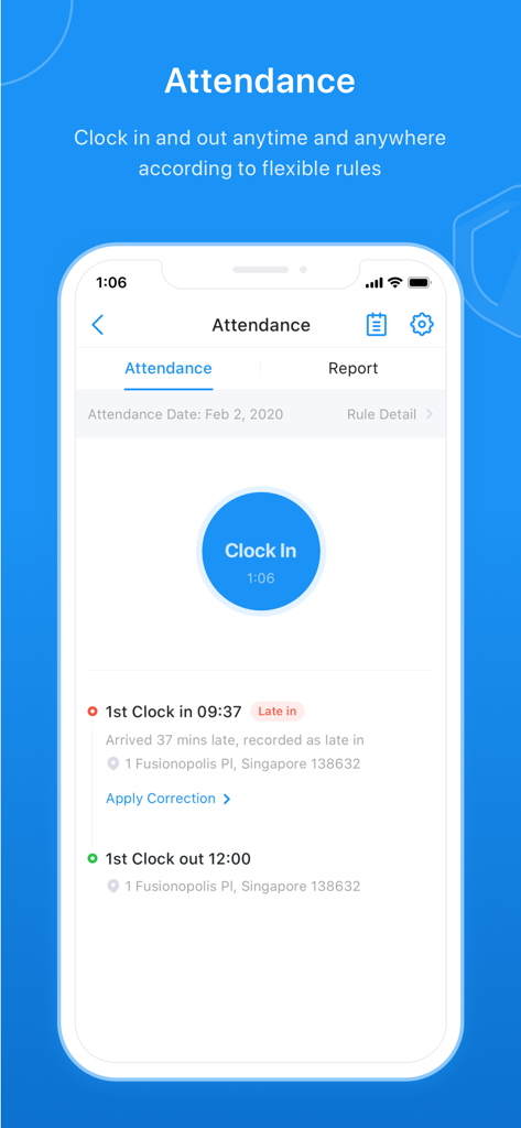 SeaTalk - SeaTalk mobile app attendance interface showing employee clock in and clock out tracking