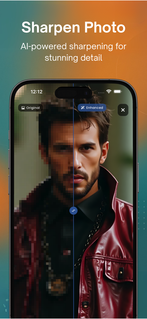 AI Upscale: Enlarge Images - Split screen comparison of a pixelated original portrait and a sharpened AI enhanced high definition version