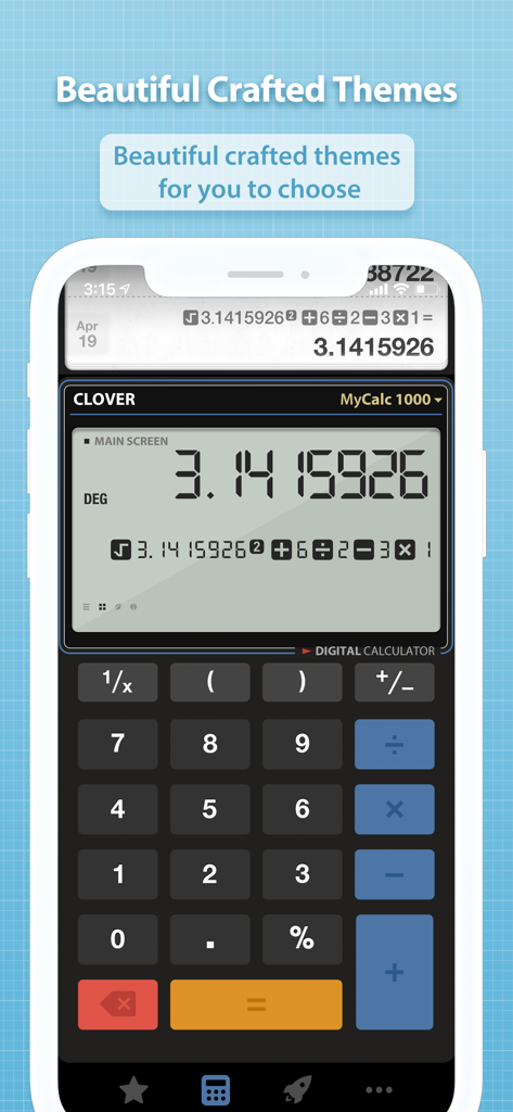 Capture d'écran de l'application Ma Calculatrice présentant un thème de calculatrice numérique élégant sur un smartphone