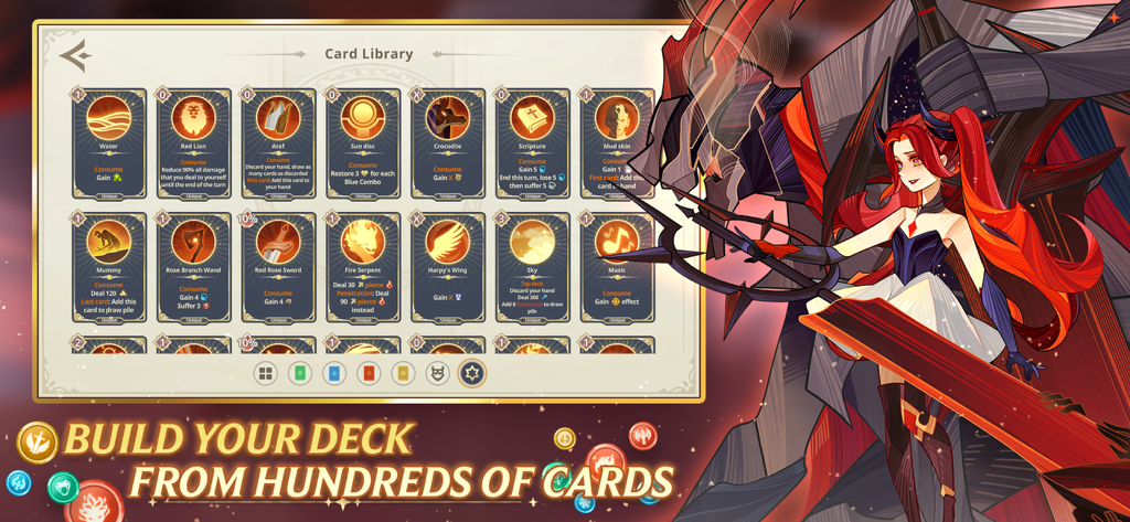 Ancient Gods: Deckbuilding RPG - The card library interface in Ancient Gods Deckbuilding RPG showing various cards and a red haired anime character