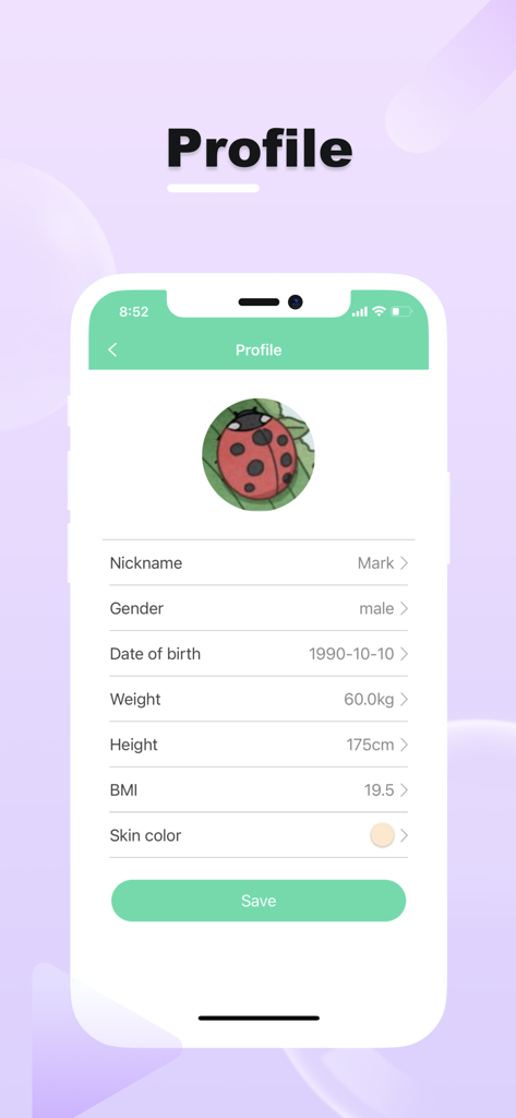 H Band Lite - H Band Lite app profile page for entering user health information and metrics