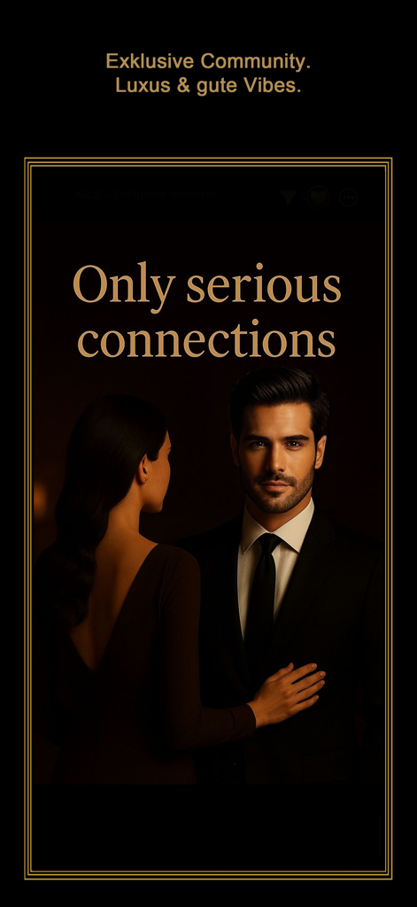 LuxurySecret: Dating & Love - An elegant couple in formal attire on a luxury dating app screen with the text Only serious connections