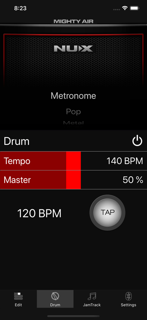 MightyAmp - ドラムパターンとメトロノームのテンポをコントロールするためのMightyAmpアプリのインターフェース