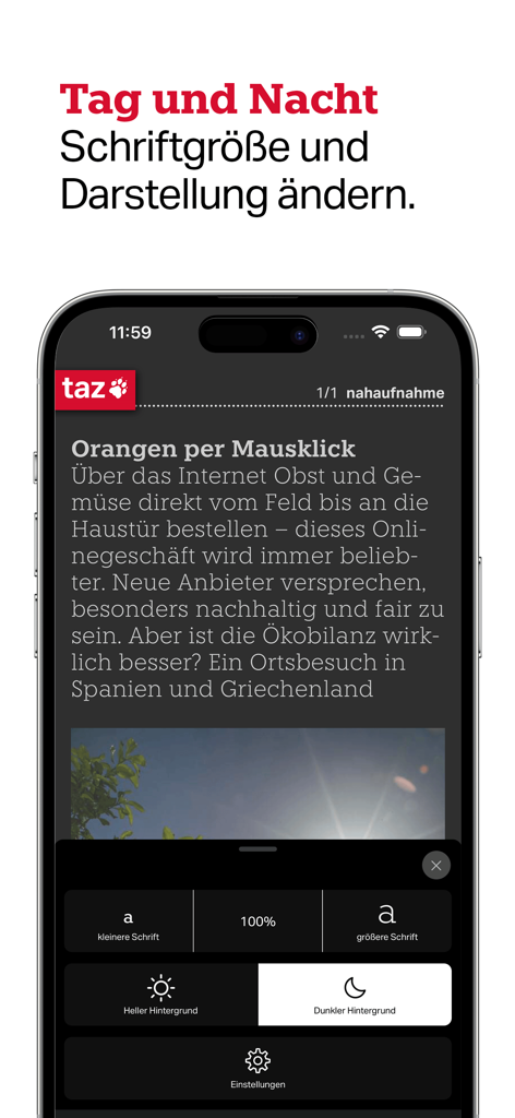 iPhone screen showing the taz app in dark mode with a menu for adjusting font size and background theme