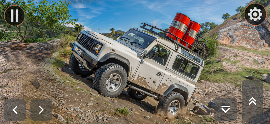 Crazy Jeep Drive Offroad Games - SUV 4x4 blanco con carga en el techo escalando una colina rocosa en un simulador de conducción