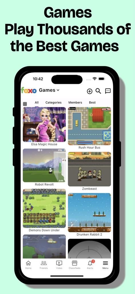 Faxo: Everything App - A mobile phone screen showing the Games section of the Faxo app with a library of various casual games like Elsa Magic House and Rush Hour Bus.