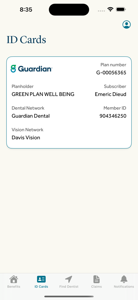 Digital insurance ID card displayed in the Guardian Dental and Vision mobile app showing coverage details.