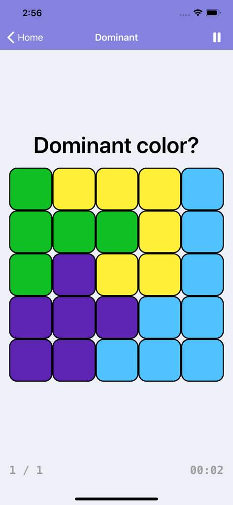 A brain training focus game asking to identify the dominant color in a grid of colorful squares.