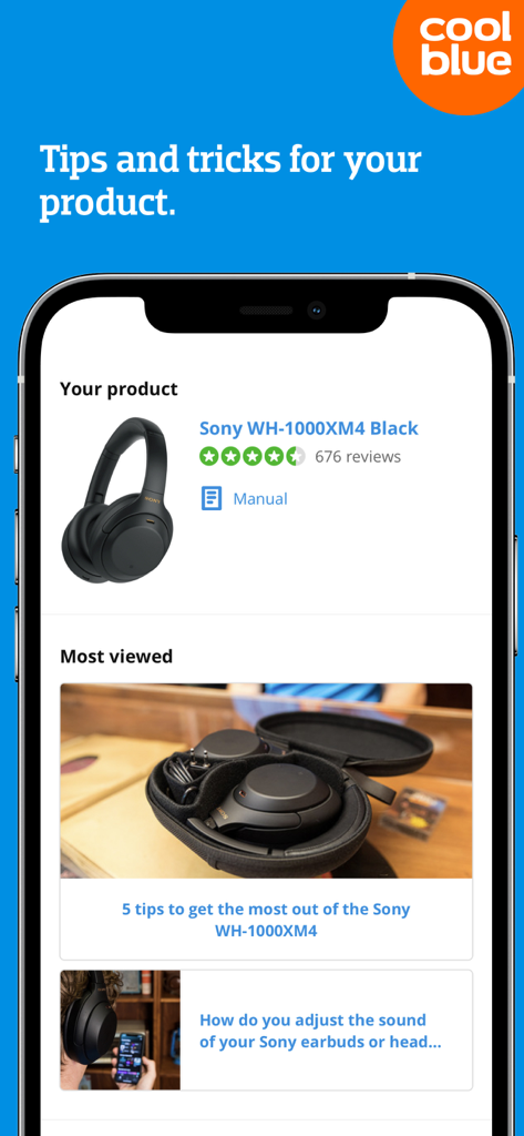 Coolblue app screen displaying product tips, manuals, and reviews for Sony headphones.