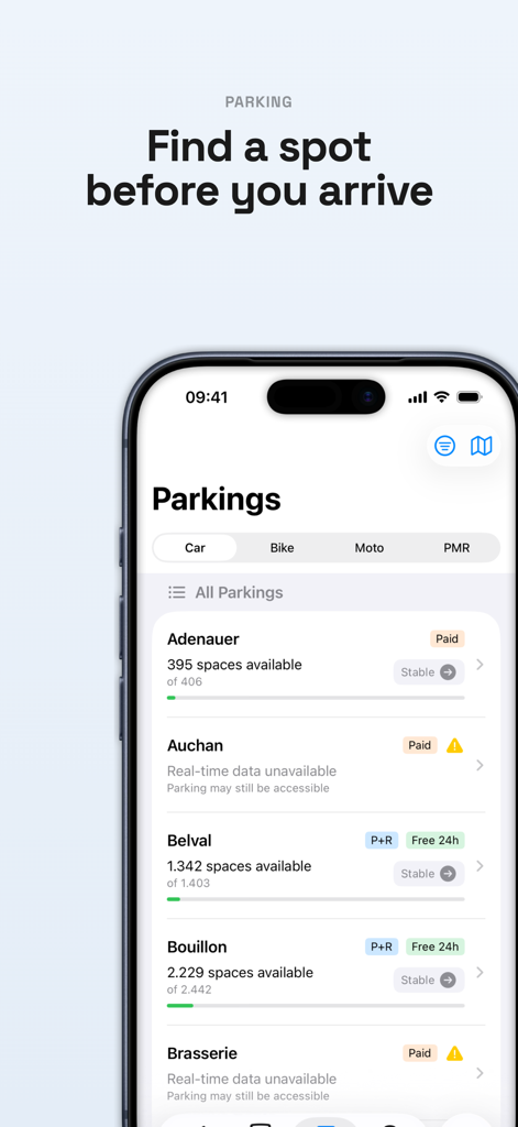 Luxempoche - Interface de l'application Luxempoche montrant la disponibilité des parkings en temps réel et le nombre de places au Luxembourg