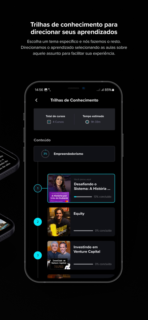 Pantalla de la aplicación Finclass que muestra rutas de aprendizaje de inversión personalizadas y listas de cursos.