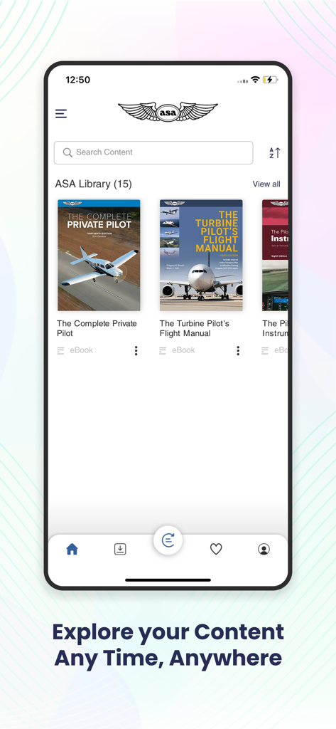 ASA Library - The ASA Library app displaying a collection of aviation training ebooks including The Complete Private Pilot and The Turbine Pilot's Flight Manual.