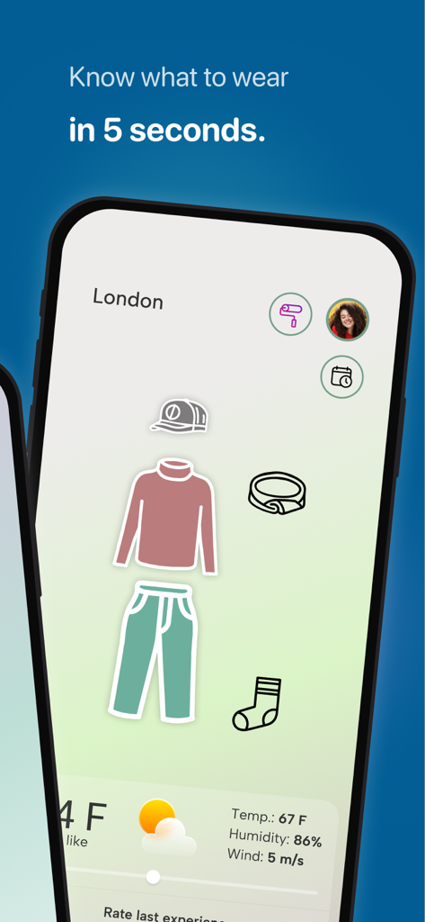 Weather: What to Wear - Interface de l'application Météo : Comment s'habiller montrant des suggestions de tenues pour Londres avec des données de température et d'humidité.