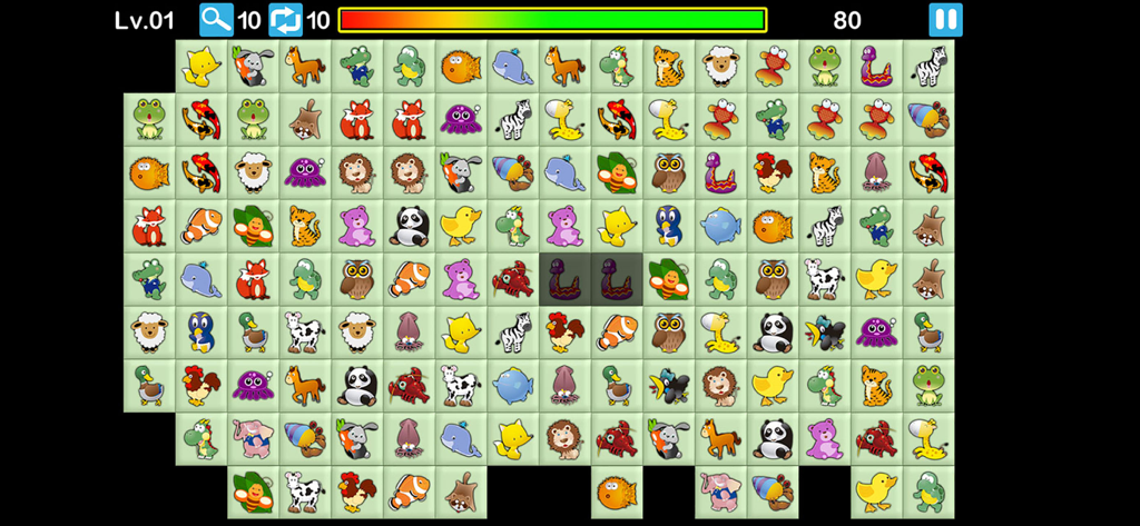 Gameplay screen of Onet Online showing a grid of colorful cartoon animal tiles to be matched in a puzzle level
