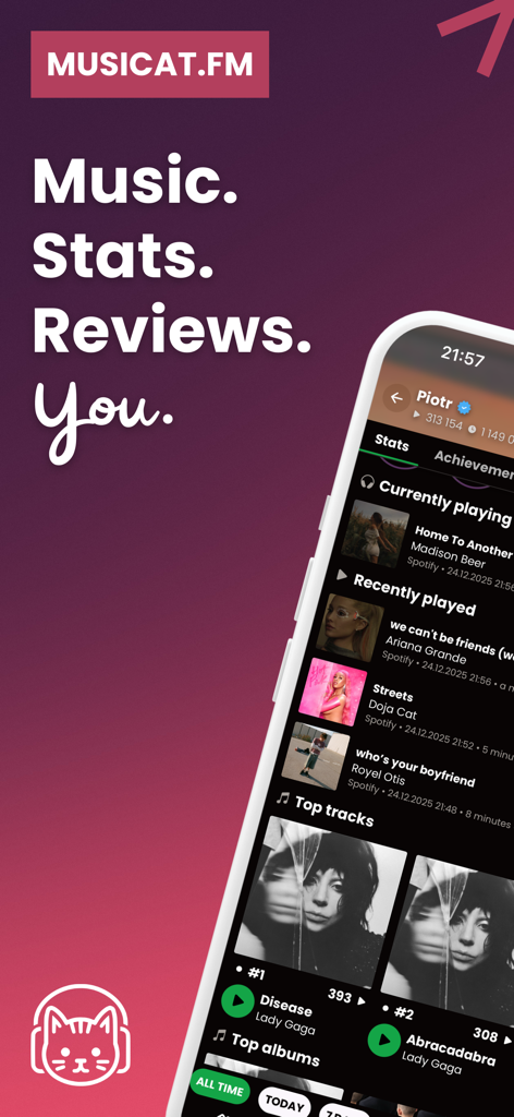 musicat: Music, Stats, Reviews - Smartphone-Bildschirm zeigt die musicat-App-Oberfläche mit Hörverlauf und Top-Tracks