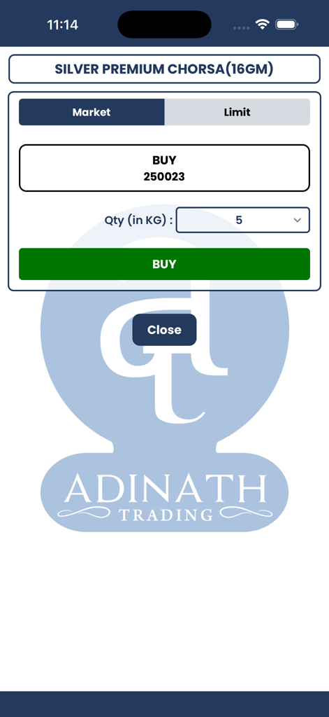 Adinath Jewellers - Mobile app interface for Adinath Jewellers showing a buy screen for silver premium chorsa with market price and quantity selection.