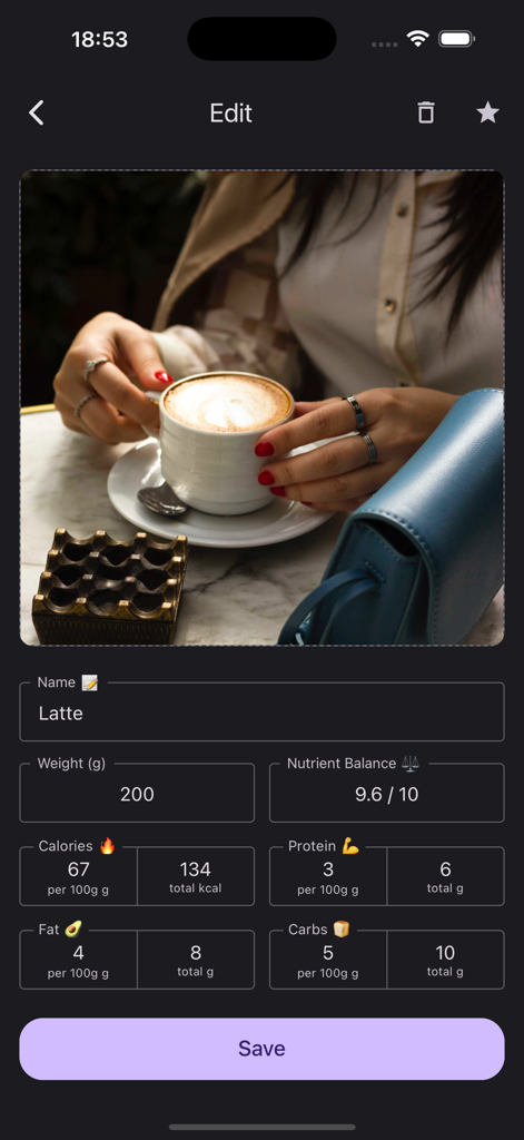 Calorie Counter Photo AI - Nutrient details and macro breakdown for a latte in the Calorie Counter Photo AI app
