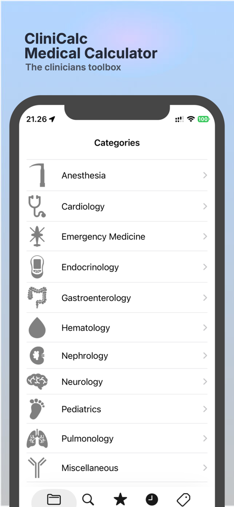 L'interface de l'application CliniCalc affiche les catégories de spécialités médicales telles que la cardiologie et la neurologie.