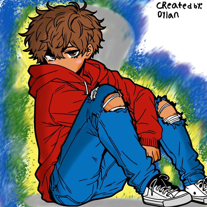 a male hoddie ripped jeans messy hair anime