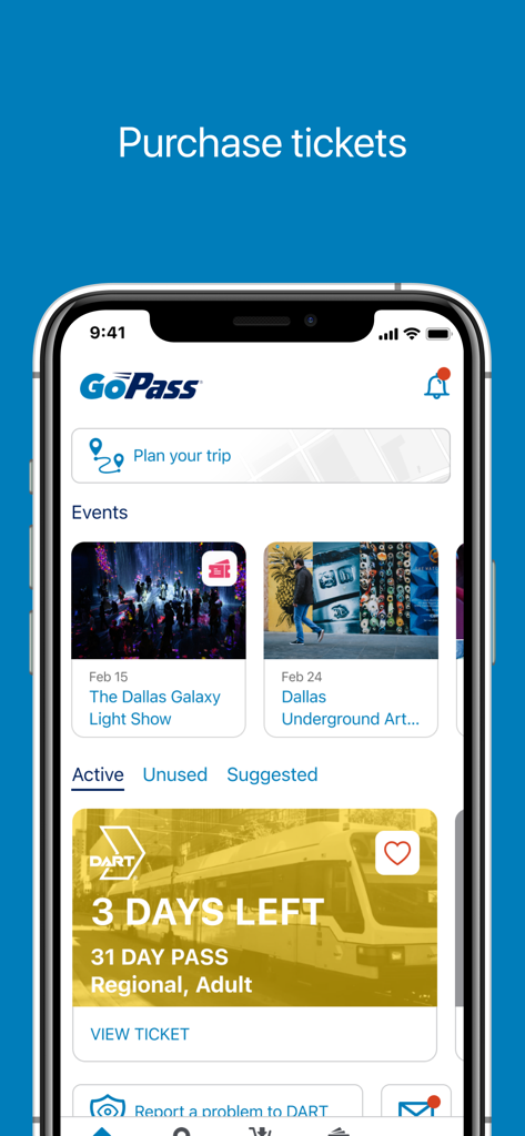 GoPass - Écran de smartphone de l'application GoPass affichant les titres de transport actifs et les événements à venir à Dallas