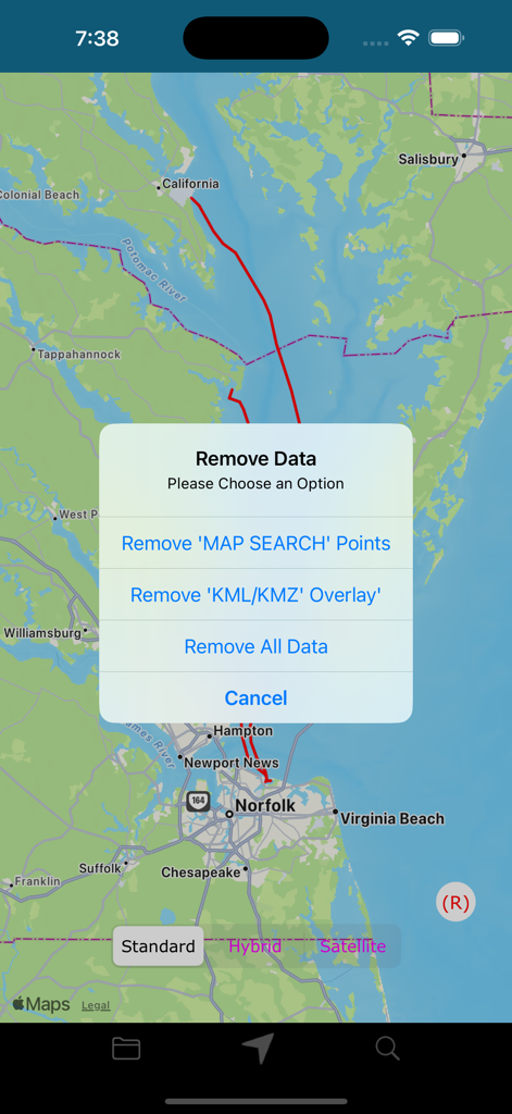 Interface of KML KMZ Viewer app showing a map with a red track and a popup menu to remove data overlays