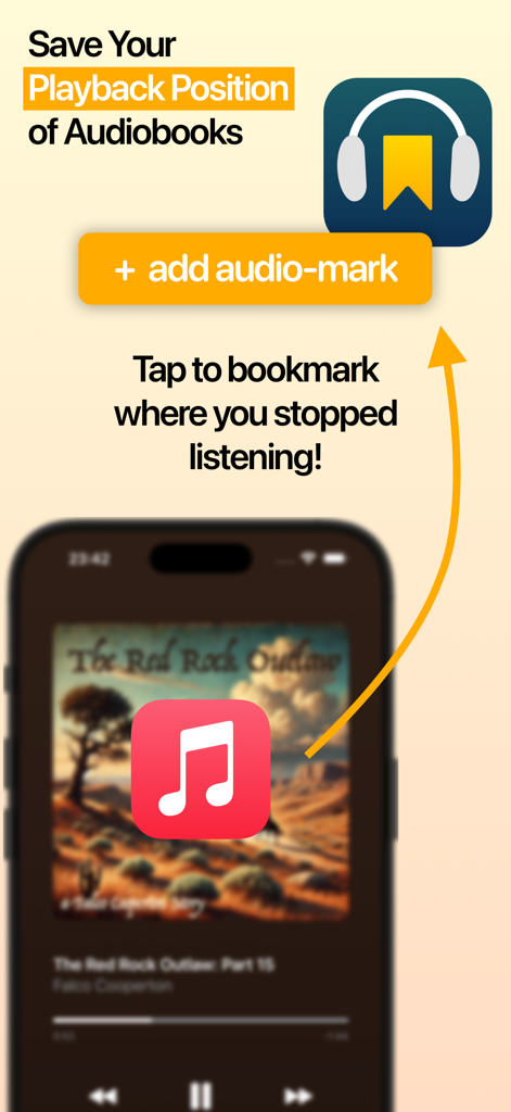 audio-marks - Screenshot of audio-marks app highlighting the feature to save and bookmark audiobook playback positions in Apple Music.