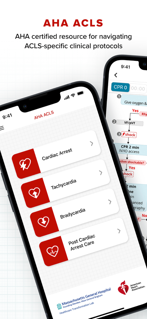 AHA ACLS - Pantalla de la aplicación móvil AHA ACLS que muestra opciones para protocolos de paro cardíaco, taquicardia y bradicardia.
