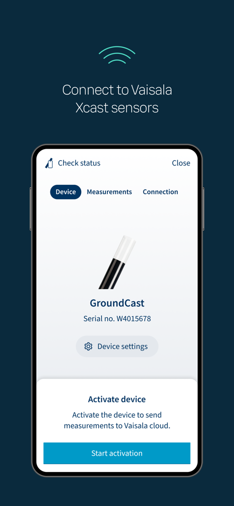 Vaisala Xcast Connect - Vaisala Xcast Connect mobile app interface for GroundCast sensor activation