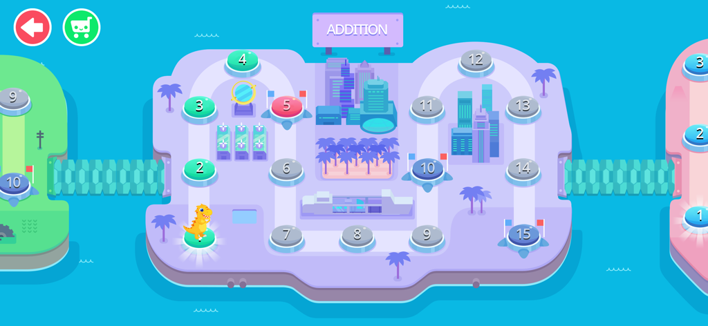 Dinosaur Math - Games for kids - 공룡 수학 앱에서 숫자 스테이지와 공룡 캐릭터가 있는 덧셈 섬을 보여주는 레벨 선택 화면.