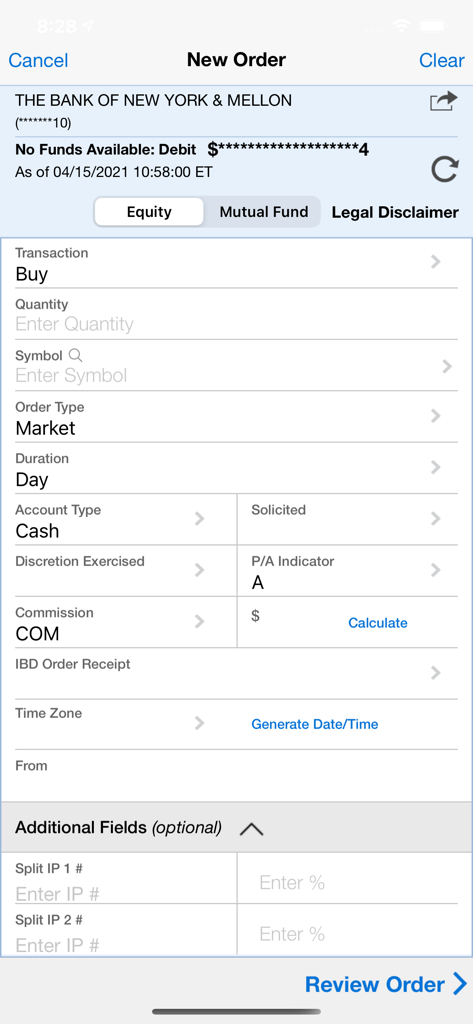 Interface for placing a new equity or mutual fund order in the NetX360 Mobile app