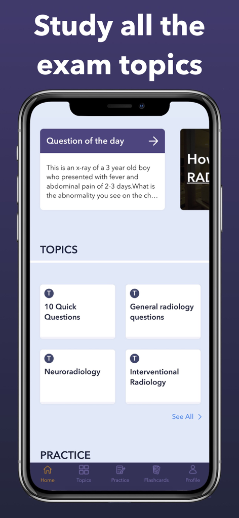 Radiology Board Review 2026 app home screen showing study topics and question of the day