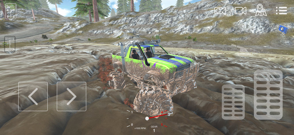 A customized green off-road truck covered in mud driving through a rugged landscape in Torque Offroad