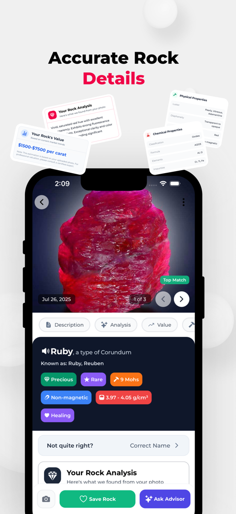 Ruby Glint: Rock Identifier - Smartphone screen showing detailed analysis and physical properties of a ruby gemstone in the Ruby Glint app