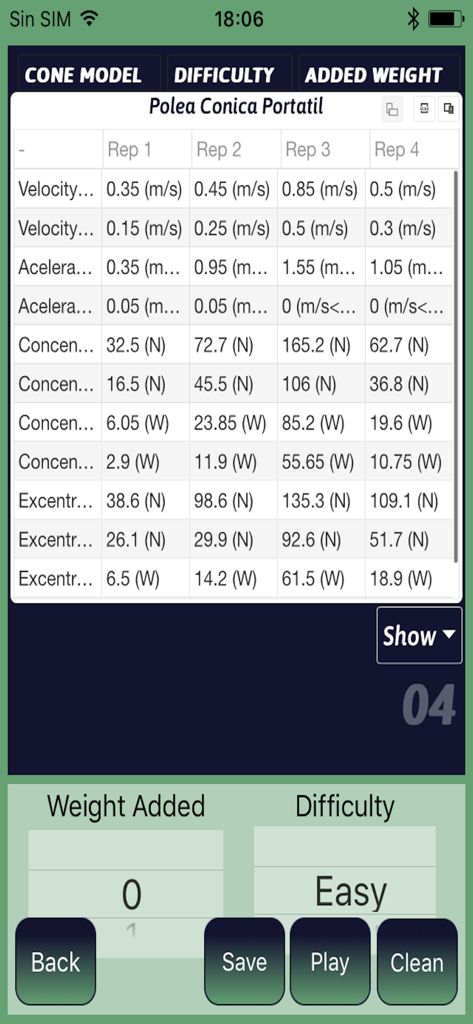Valkyria Trainer 6.0 - Tabla de métricas de rendimiento para repeticiones que muestra velocidad y potencia en Valkyria Trainer 6.0