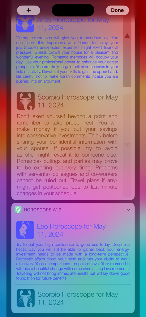 Daily zodiac horoscope widgets for different signs on an iPhone screen
