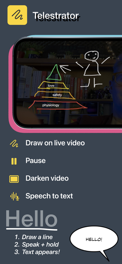 Interfaz de la aplicación móvil Shoot Pro Webcam mostrando la función de telestrador para dibujar sobre vídeo en vivo con instrucciones de voz a texto.