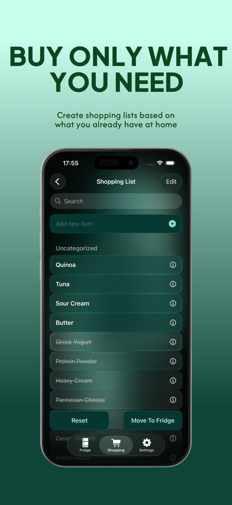 Fridgea - kitchen stock helper - Smartphone screen showing the Fridgea app shopping list feature with various grocery items