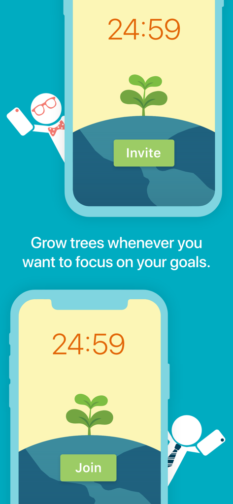 Flora app interface showing focus timers with plant sprouts and options to invite or join friends for collaborative productivity.