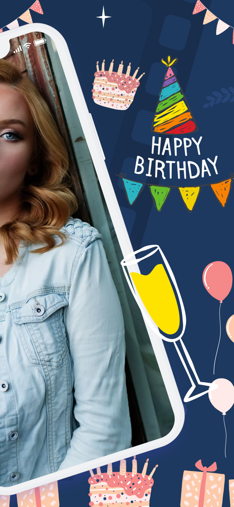 Birthday Video Maker Music - A woman's photo within a festive Happy Birthday video maker frame featuring a cake balloons and banner