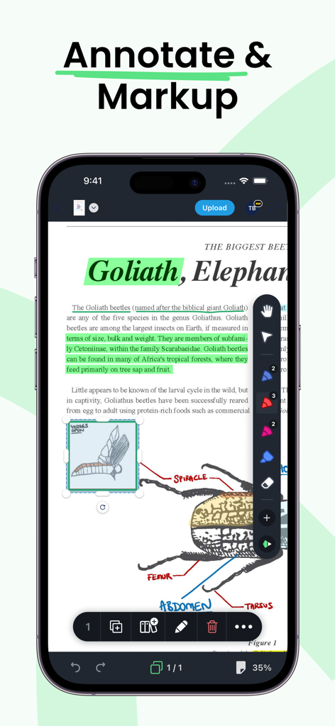 Smartphone display of Drawboard PDF app showing text highlighting and diagram markup tools