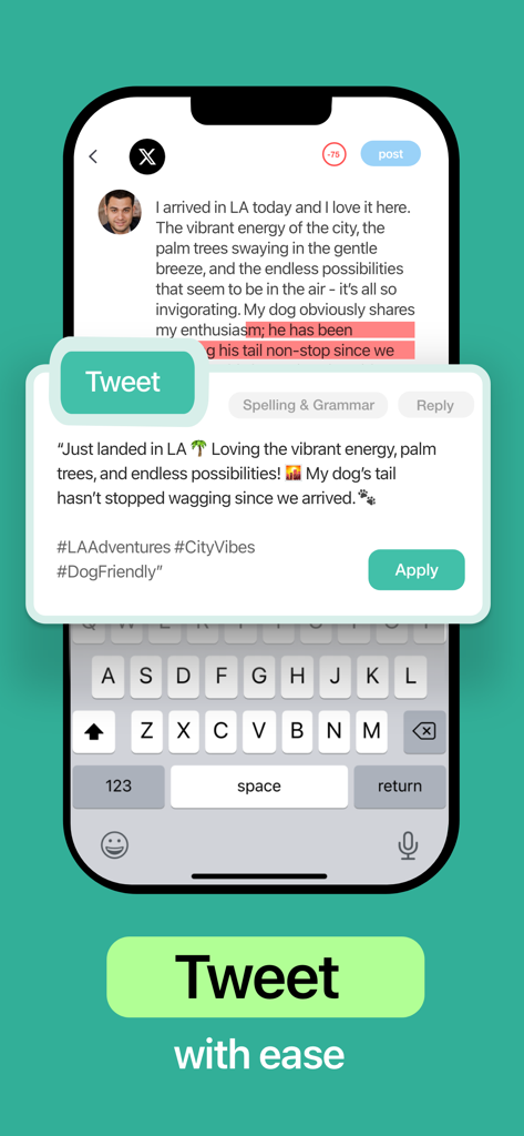 AI Keyboard - Orki - Orki AI Keyboard suggesting a concise version of a social media post on an iPhone