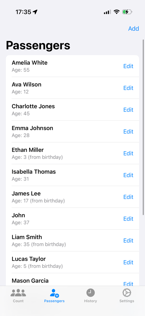 Group Counter for Tour Guides - A list of passengers with names and ages in the Group Counter for Tour Guides app.