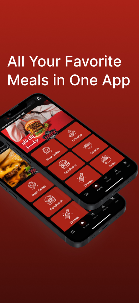 FireFly Burger mobile app interface showing menu categories for burgers, salads, and drinks